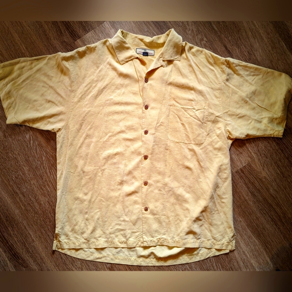 Tommy Bahama 100% Silk Palm Tree Collared Short Sleeve Hawiian Button Down Shirt